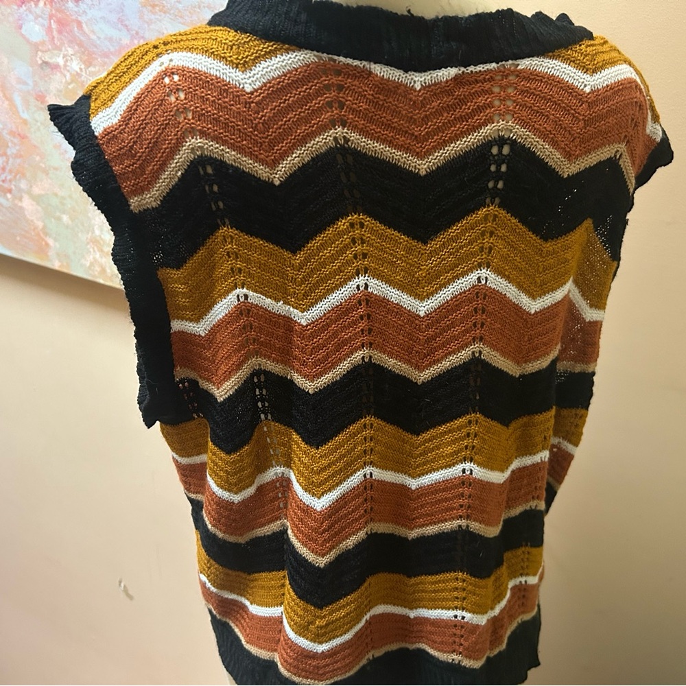 Chevron Knit Sleeveless Sweater Vest in Black, Mustard & Rust